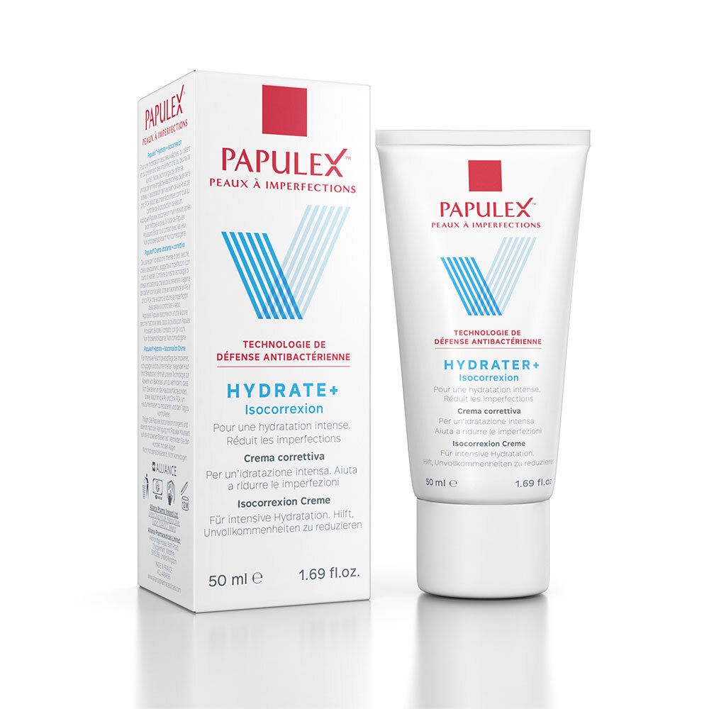 Tube et boîte blanches avec logo rouge et bleu. Texte: PAPULEX, Hydrate+ Isocorrection, 50 ml.