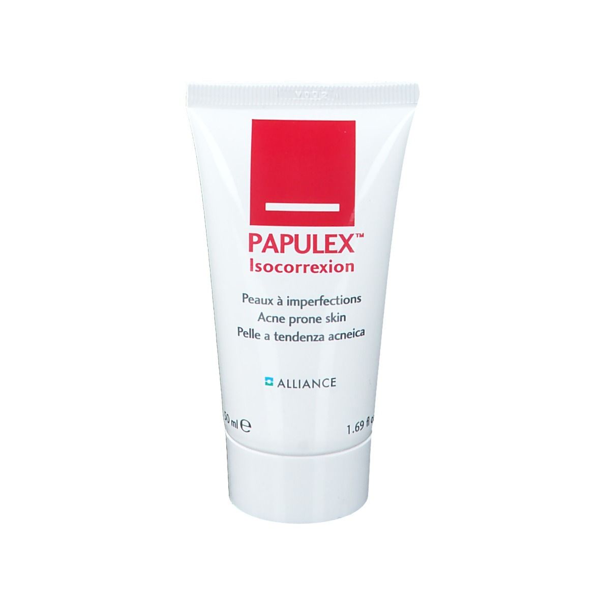 Tube blanc avec logo rouge. Texte: PAPULEX Isocorrection, 50 ml. Pour peau à imperfections.