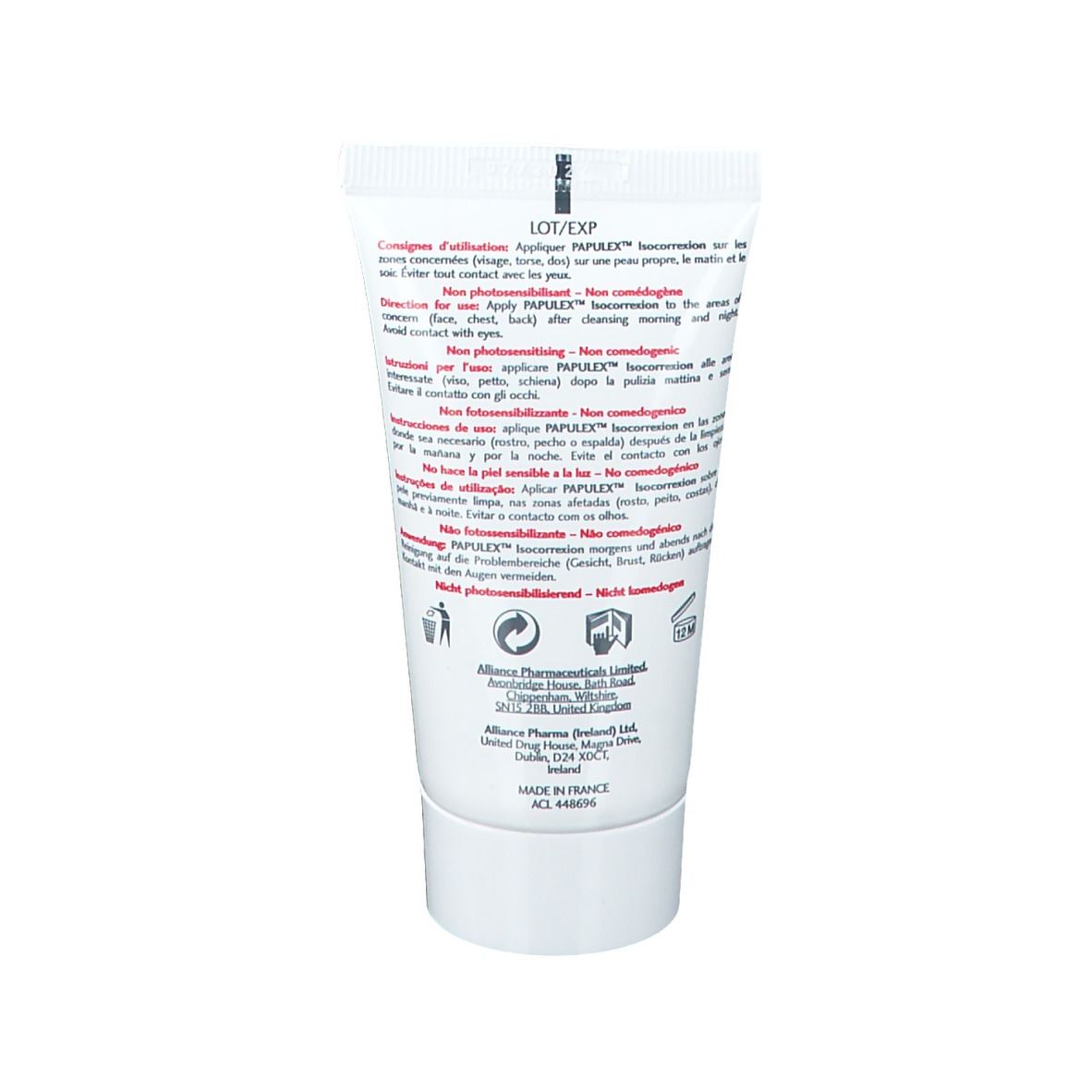 Dos d'un tube blanc. Texte: Conseils d'utilisation, ingrédients, informations fabricant.