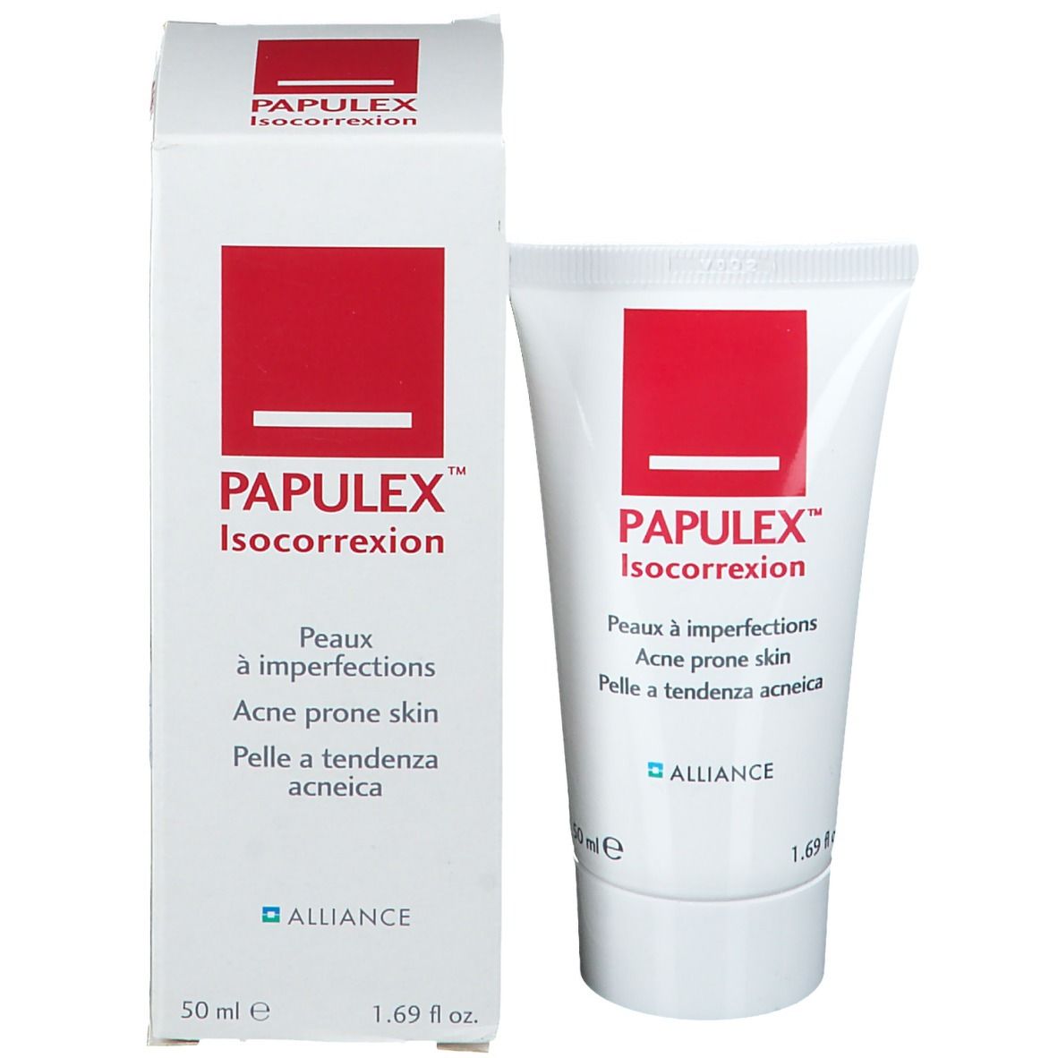 Tube et boîte blancs avec logo rouge. Texte: PAPULEX Isocorrection, 50 ml. Pour peau à imperfections.