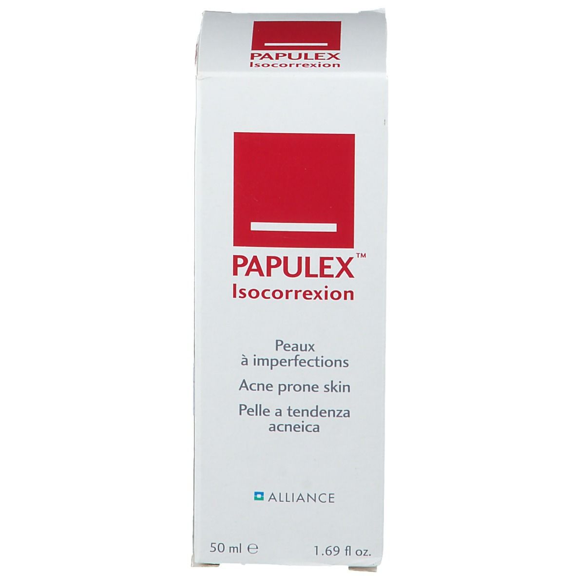 Boîte blanche avec logo rouge. Texte: PAPULEX Isocorrection, 50 ml. Pour peau à imperfections.