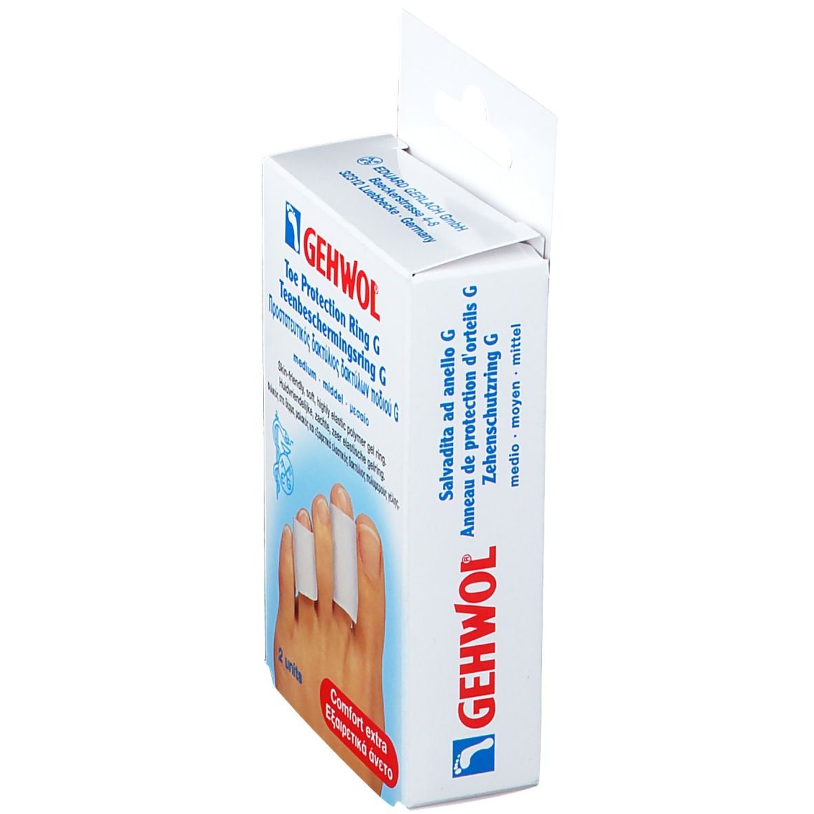 Verpackung mit Zehenschutzringen. Marke GEHWOL. Seitenansicht. Aufschrift: Zehenschutzring G.