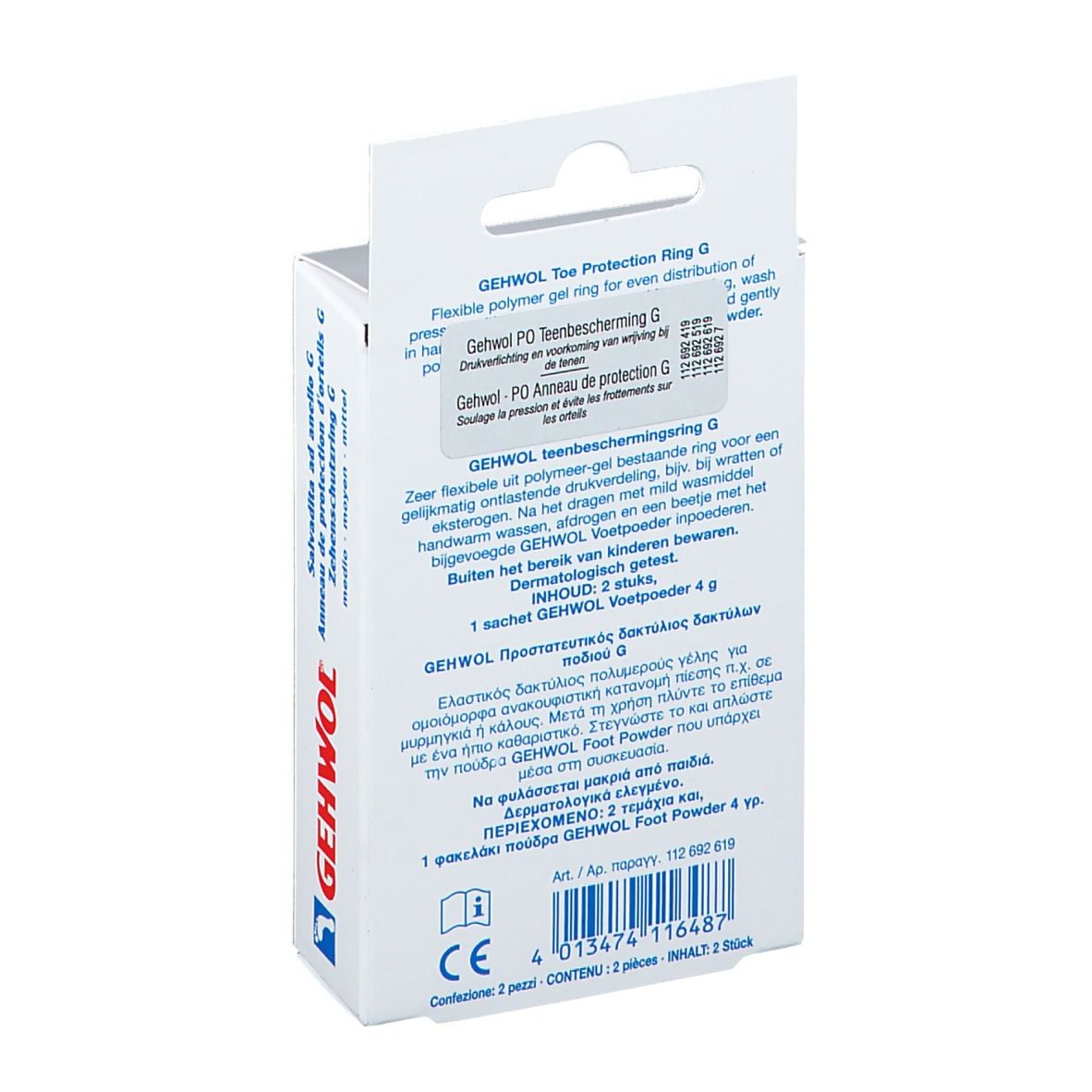 Rückseite der Verpackung mit Produktinformationen. Marke GEHWOL. Text in mehreren Sprachen. Enthält Fußpuder.