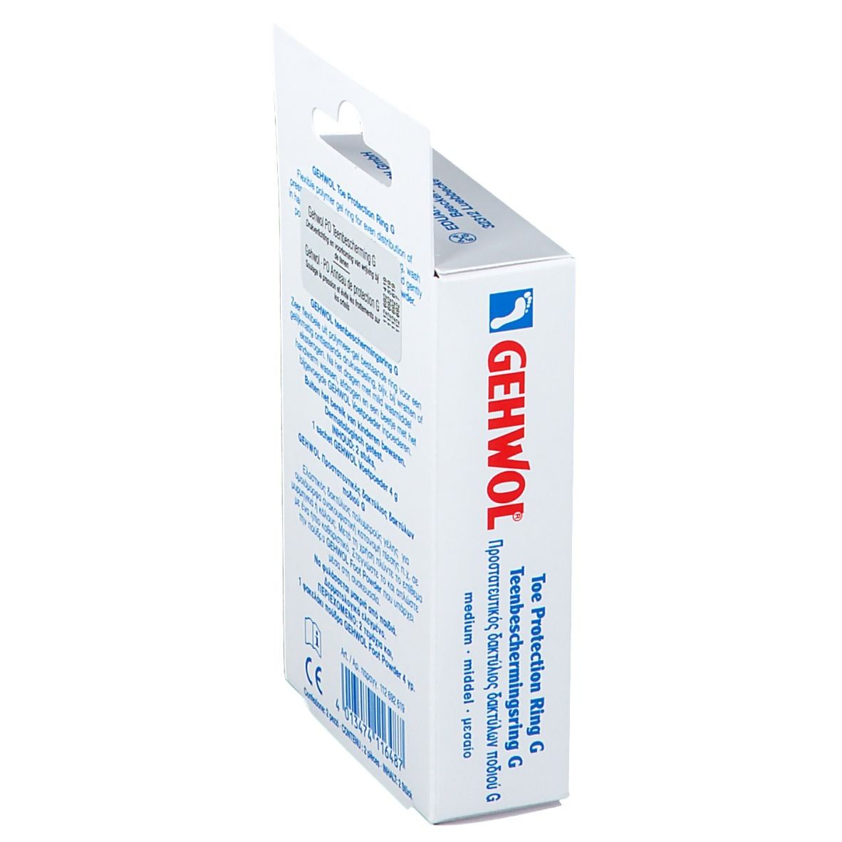 Seitenansicht der Verpackung mit Produktinformationen. Marke GEHWOL. Text in mehreren Sprachen.