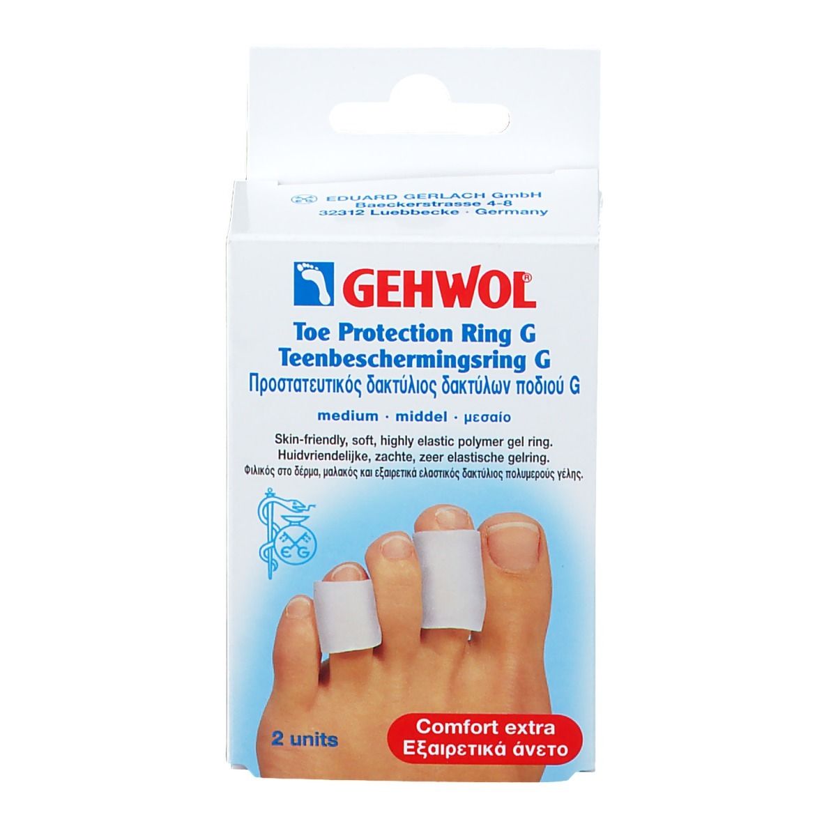 Verpackung mit Zehenschutzringen. Marke GEHWOL. Zwei Ringe auf Zehen gezeigt. Aufschrift: Comfort extra.