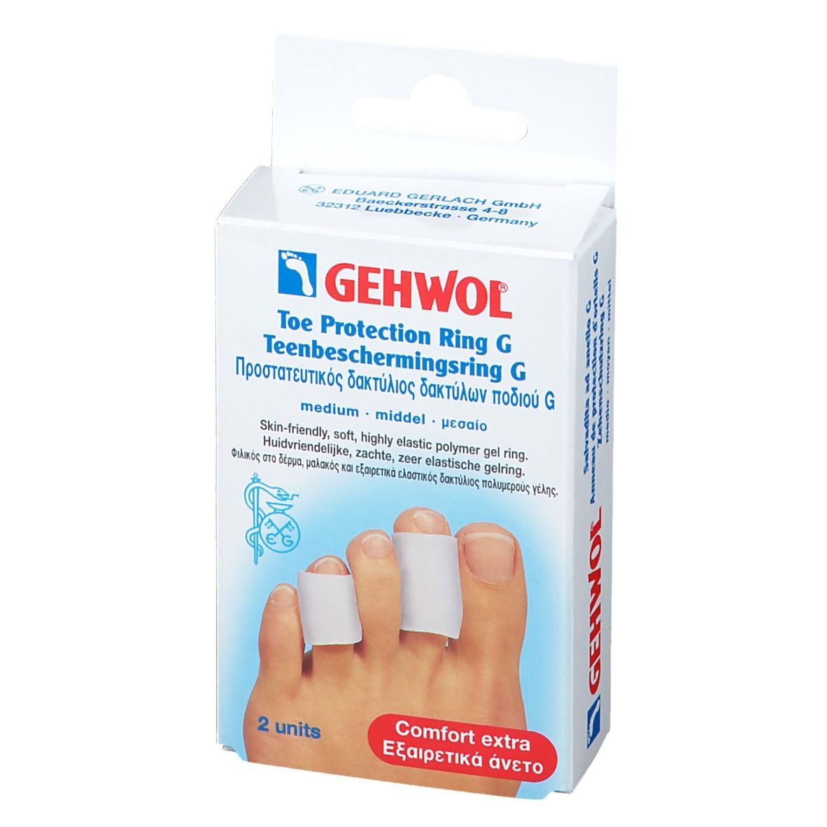 Verpackung mit Zehenschutzringen. Marke GEHWOL. Zwei Ringe auf Zehen gezeigt. Aufschrift: Comfort extra.