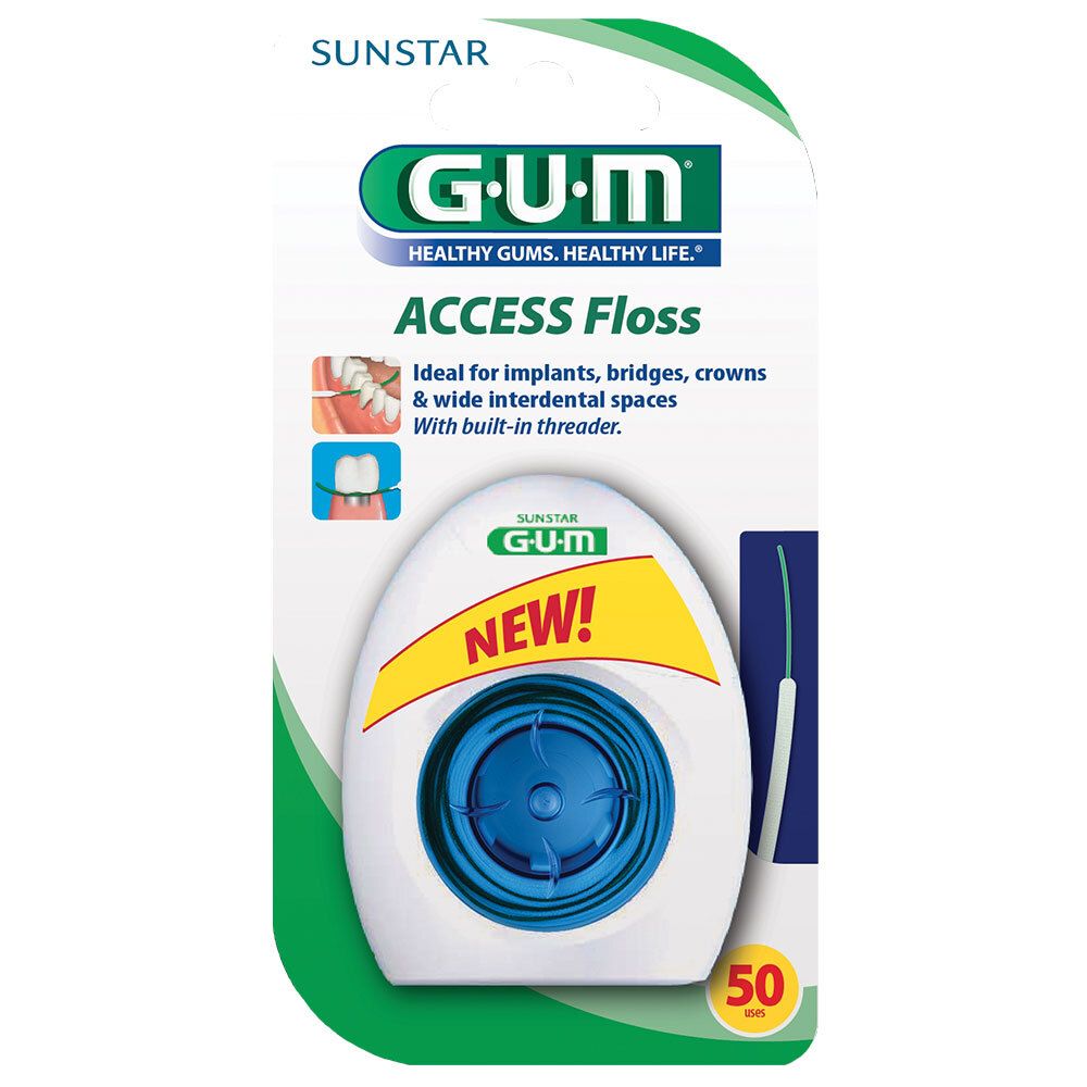 Flosdraad dispenser in blisterverpakking. Witte behuizing met blauw wiel. "GUM Access Floss" logo. "NEW!" label. Groen flosdraad.