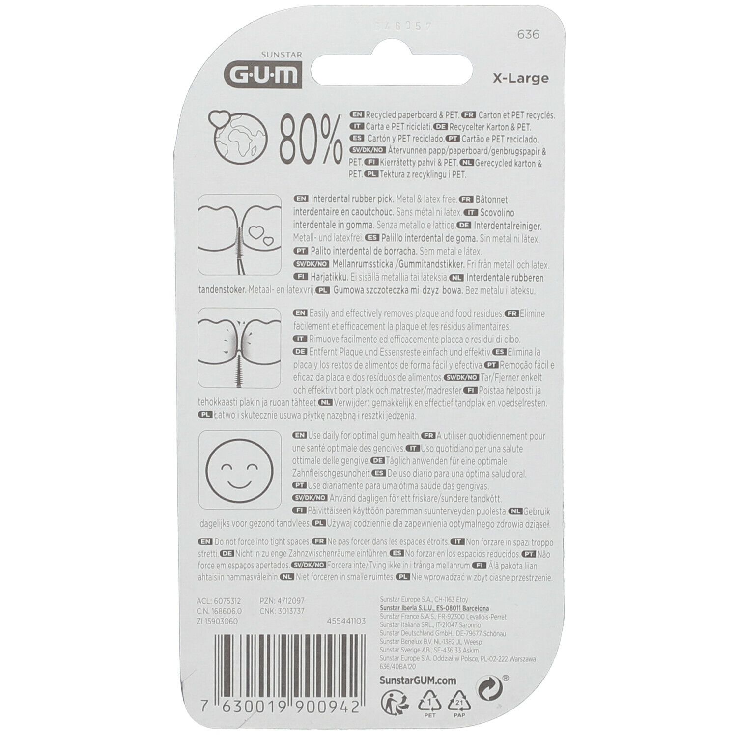 Dos de l'emballage GUM Soft-Picks X-Large. Texte multilingue, symbole de recyclage.