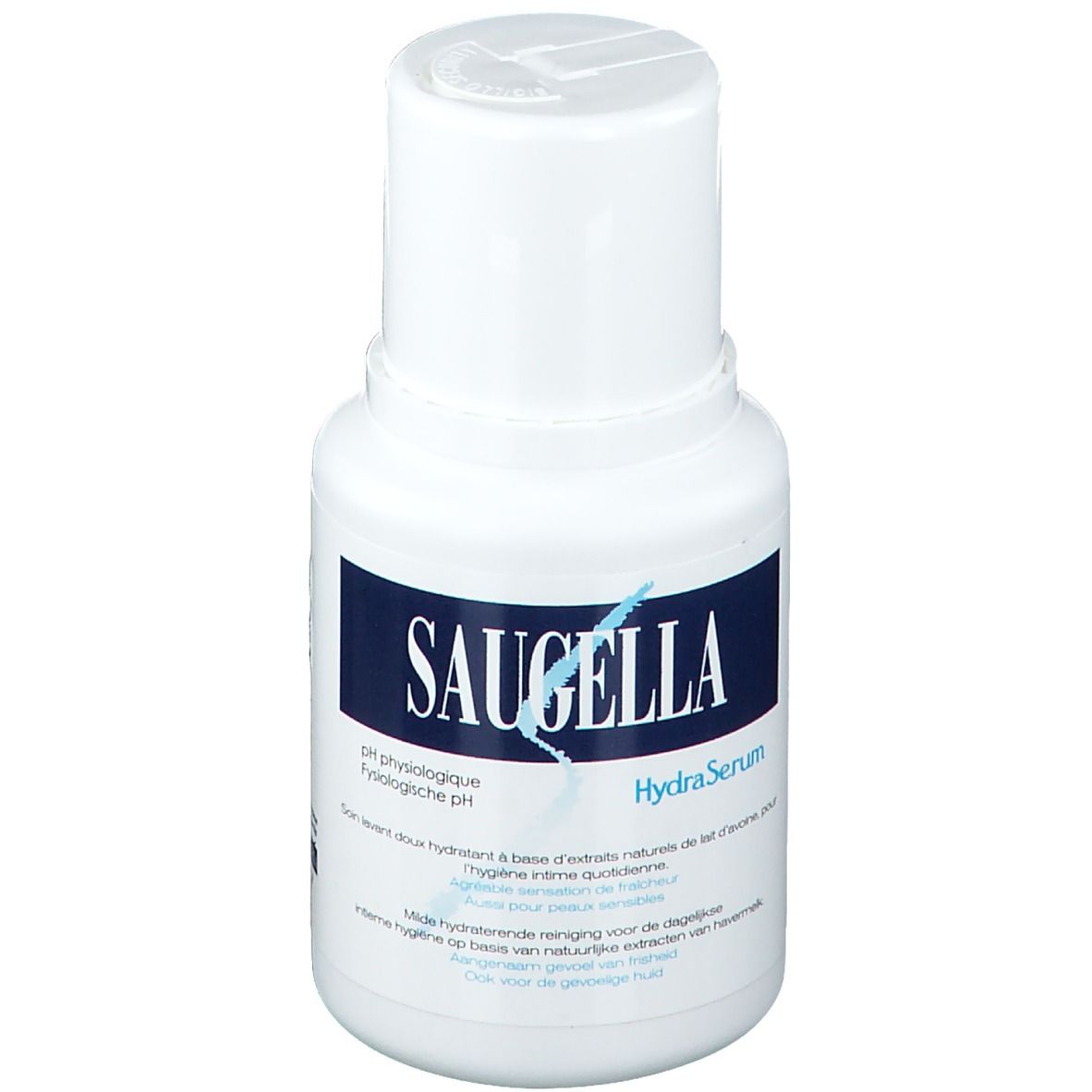 Flacon blanc avec étiquette bleue. Inscription: Saugella HydraSerum. pH physiologique. Texte en français et néerlandais.