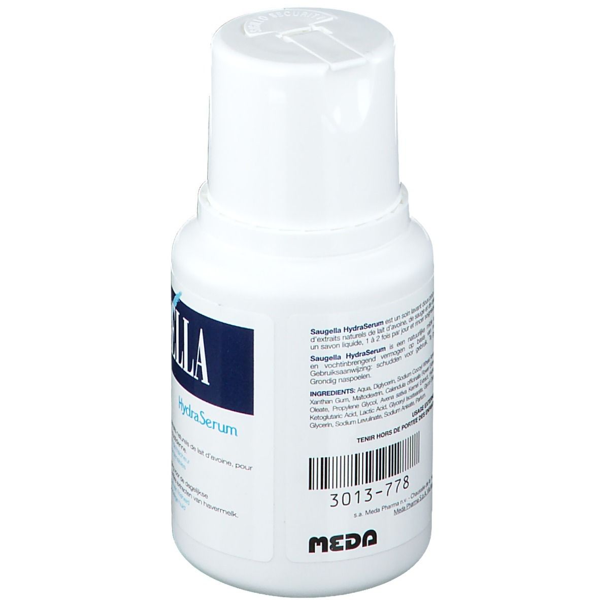 Flacon blanc avec étiquette bleue. Inscription: Saugella HydraSerum. Code-barres et texte. Marque: MEDA Pharma.