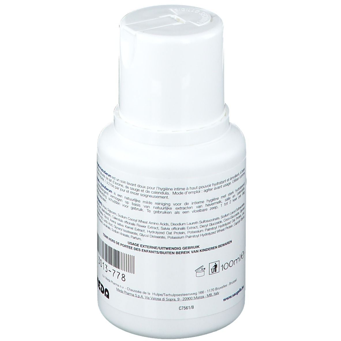 Flacon blanc avec texte. Inscription: Mode d'emploi. Avertissements. Volume: 100ml. Marque: MEDA Pharma.