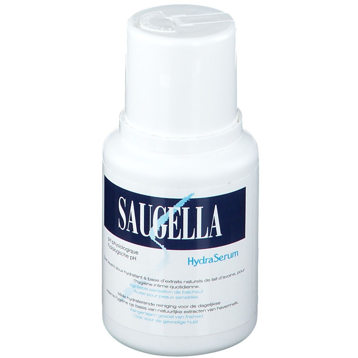 Flacon blanc avec étiquette bleue. Inscription: Saugella HydraSerum. pH physiologique. Texte en français et néerlandais.
