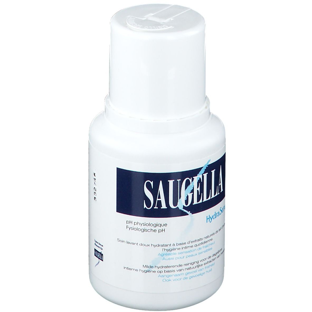 Flacon blanc avec étiquette bleue. Inscription: Saugella HydraSerum. pH physiologique. Texte en français et néerlandais.