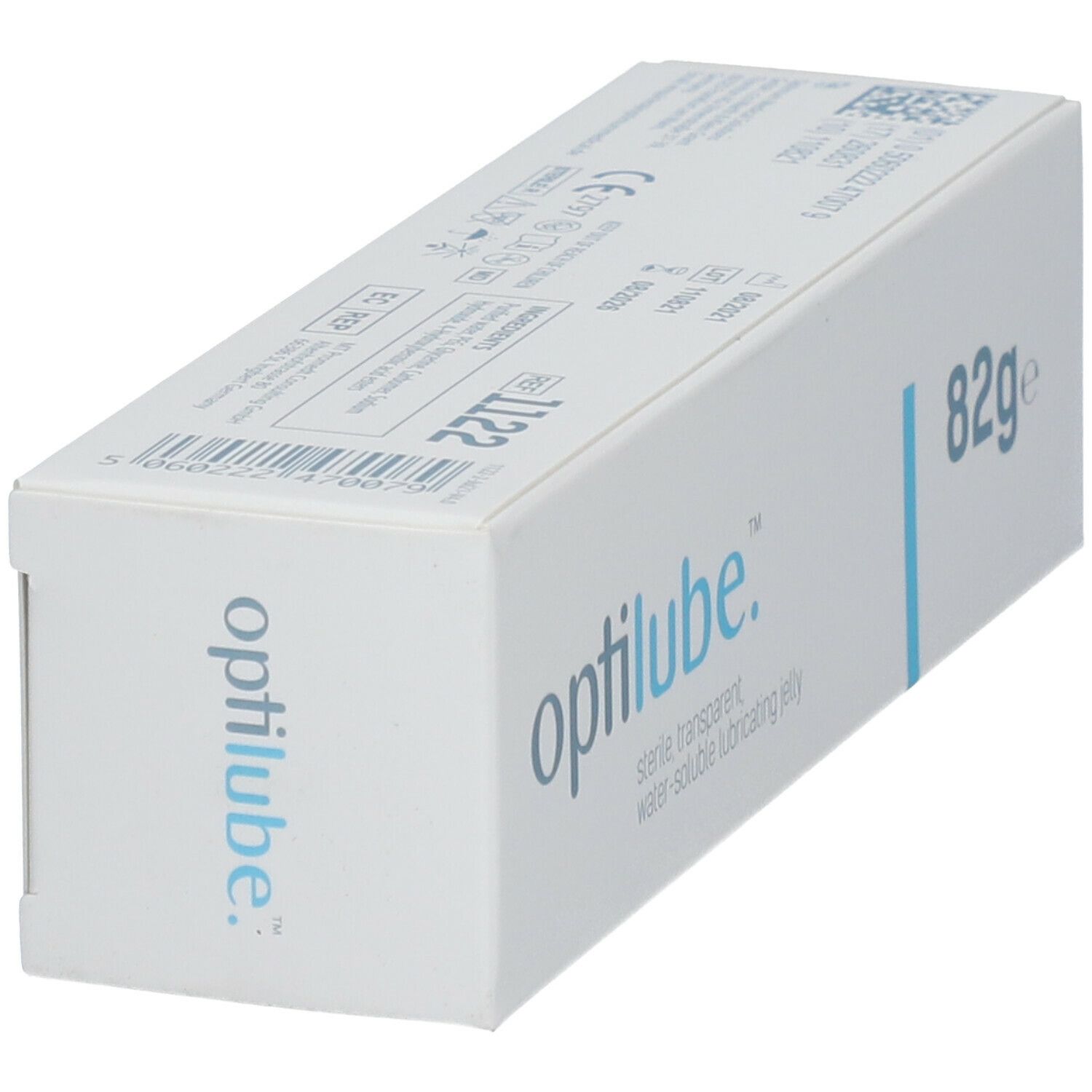 Schuine witte verpakking met "optilube.", "82g" en blauwe lijn. Opschrift: sterile transparent water-soluble lubricating jelly.