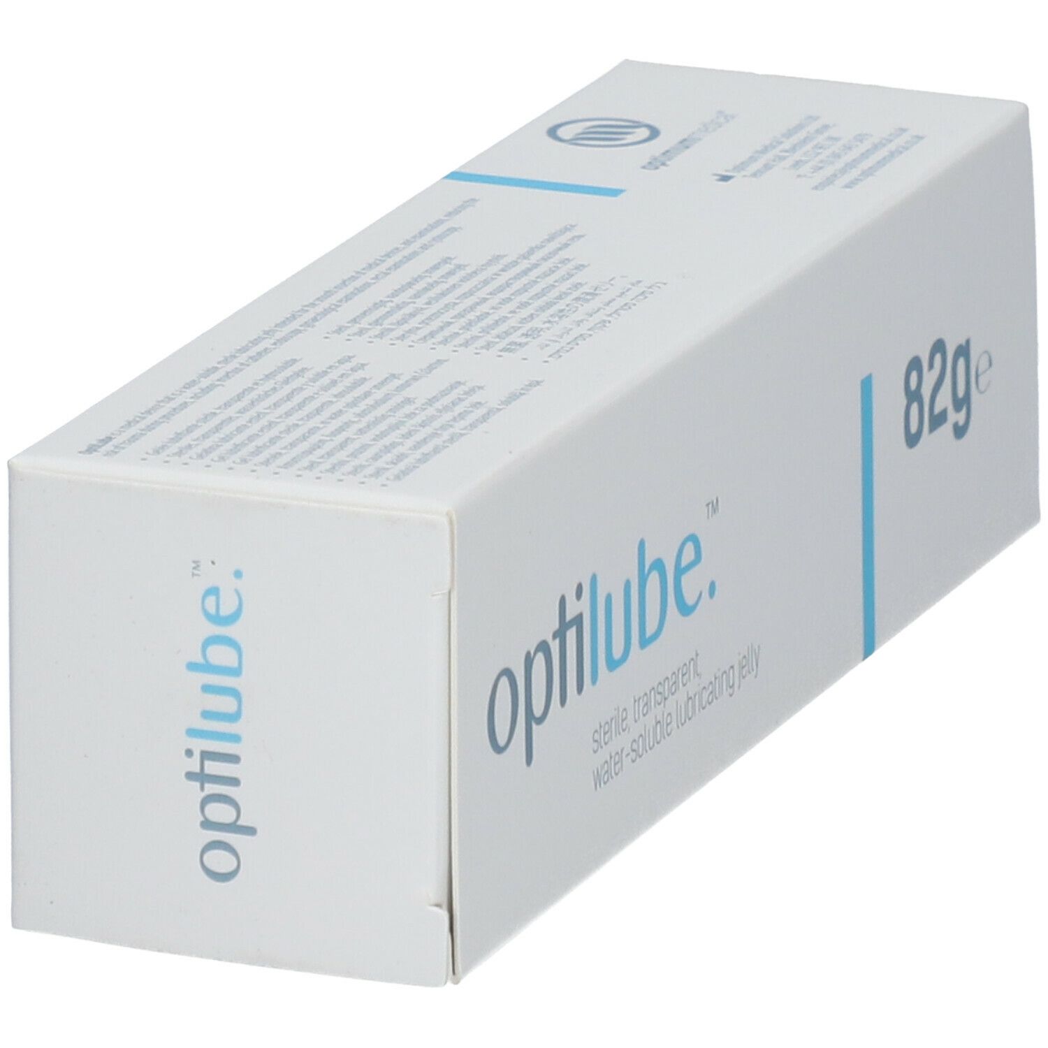 Schuine witte verpakking met "optilube.", "82g" en blauwe lijn. Opschrift: sterile transparent water-soluble lubricating jelly.