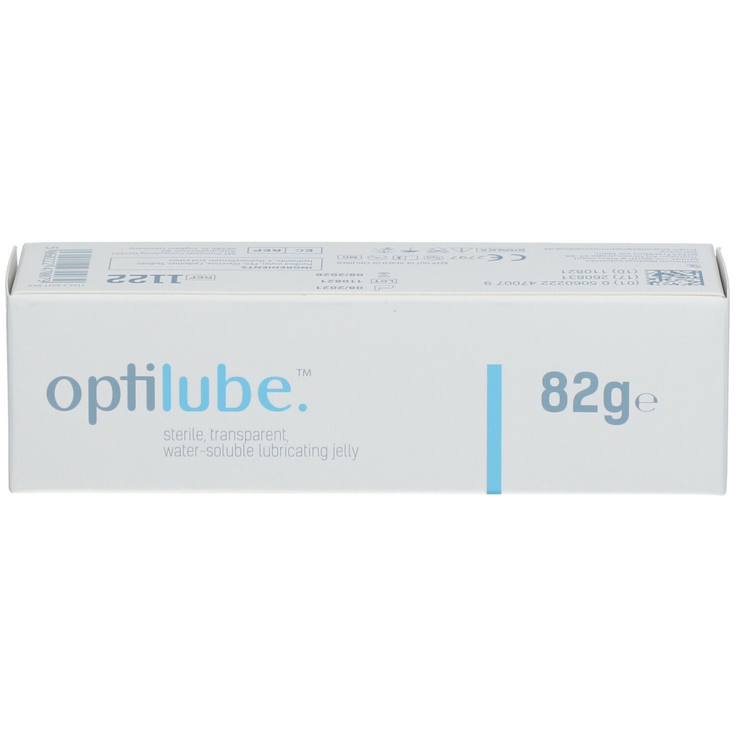 Witte verpakking met "optilube.", "82g" en blauwe lijn. Opschrift: sterile transparent water-soluble lubricating jelly.