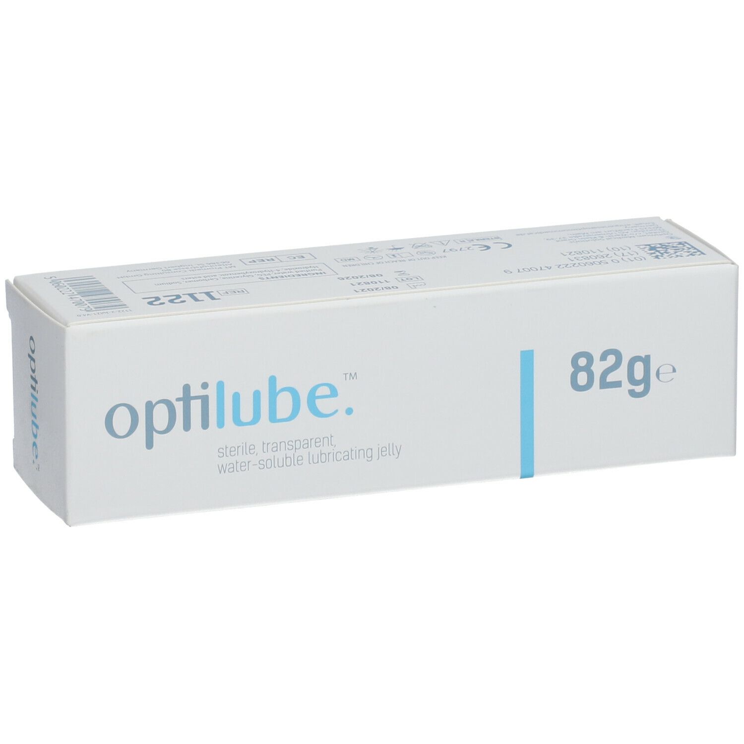Witte verpakking met "optilube.", "82g" en blauwe lijn. Opschrift: sterile transparent water-soluble lubricating jelly.