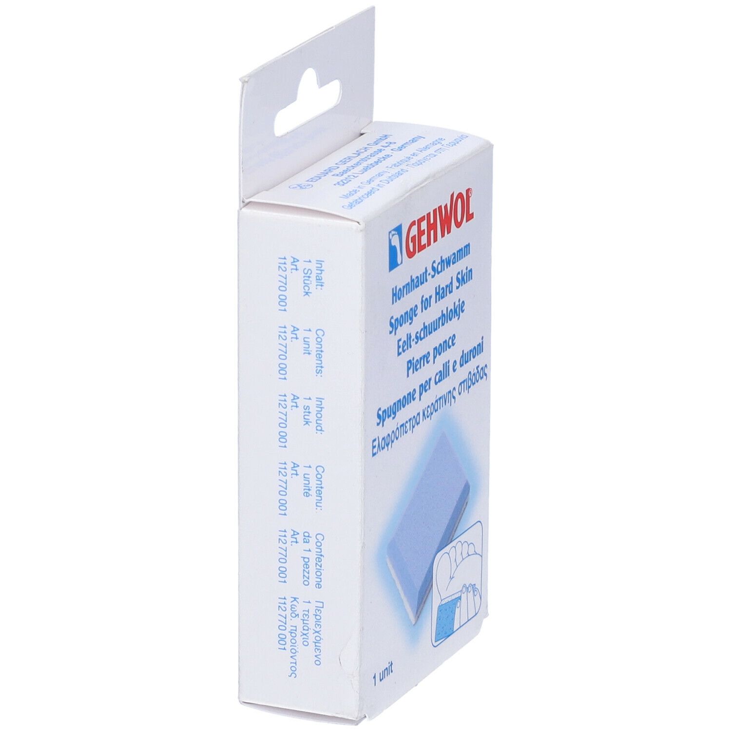 Zijaanzicht van de GEHWOL eelt-spons verpakking. Tekst in het Duits, Engels, Nederlands, Frans, Italiaans, Grieks.