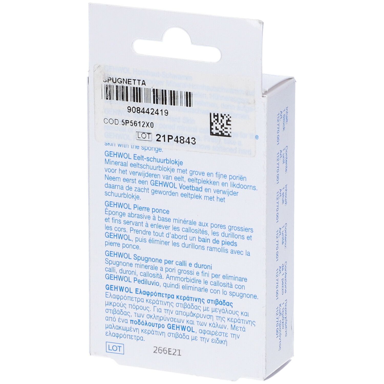 Achterkant van de GEHWOL eelt-spons verpakking. Meertalige tekst, productinformatie, barcode, lotnummer.