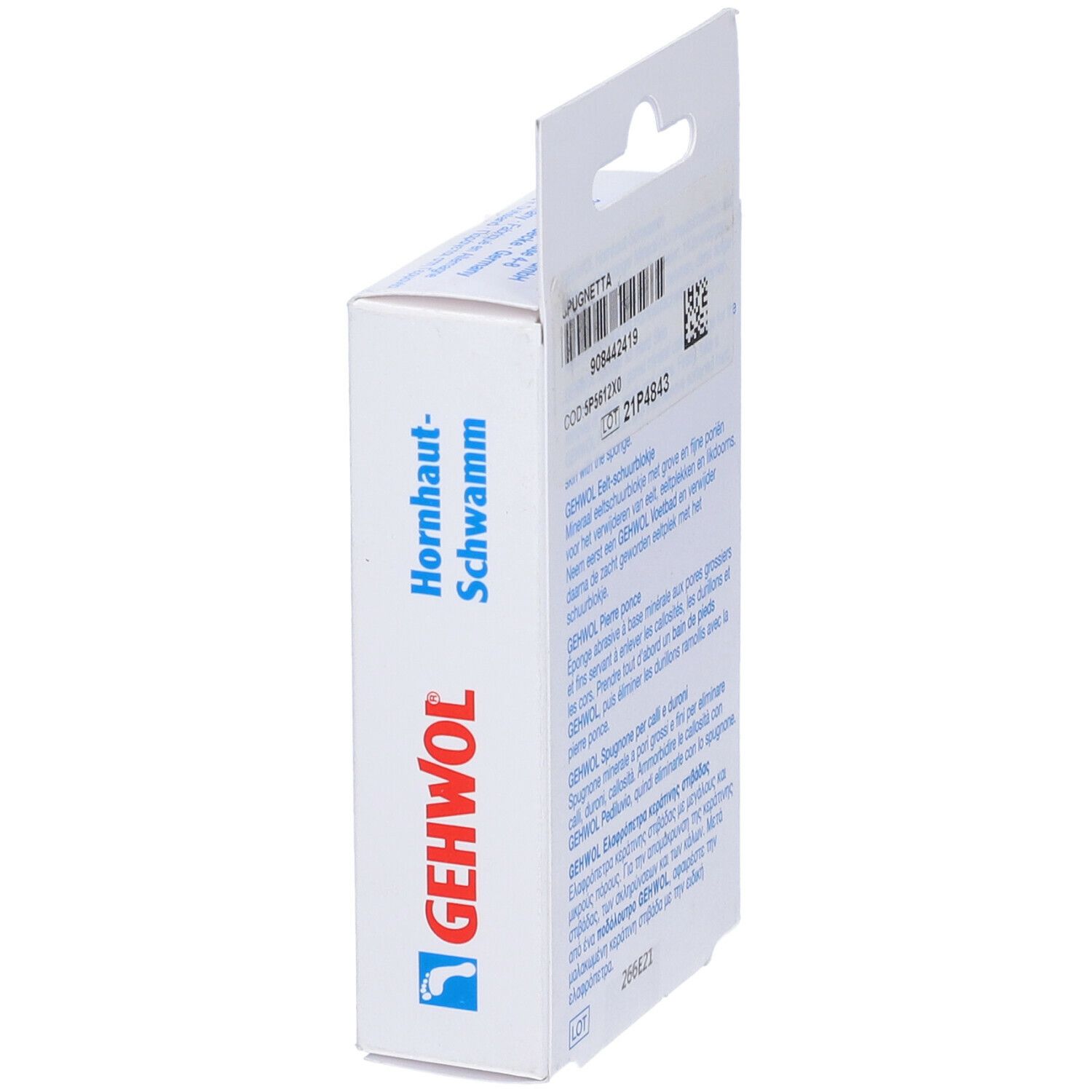 Zijaanzicht van de GEHWOL eelt-spons verpakking. Logo en productnaam. Tekst in het Duits.