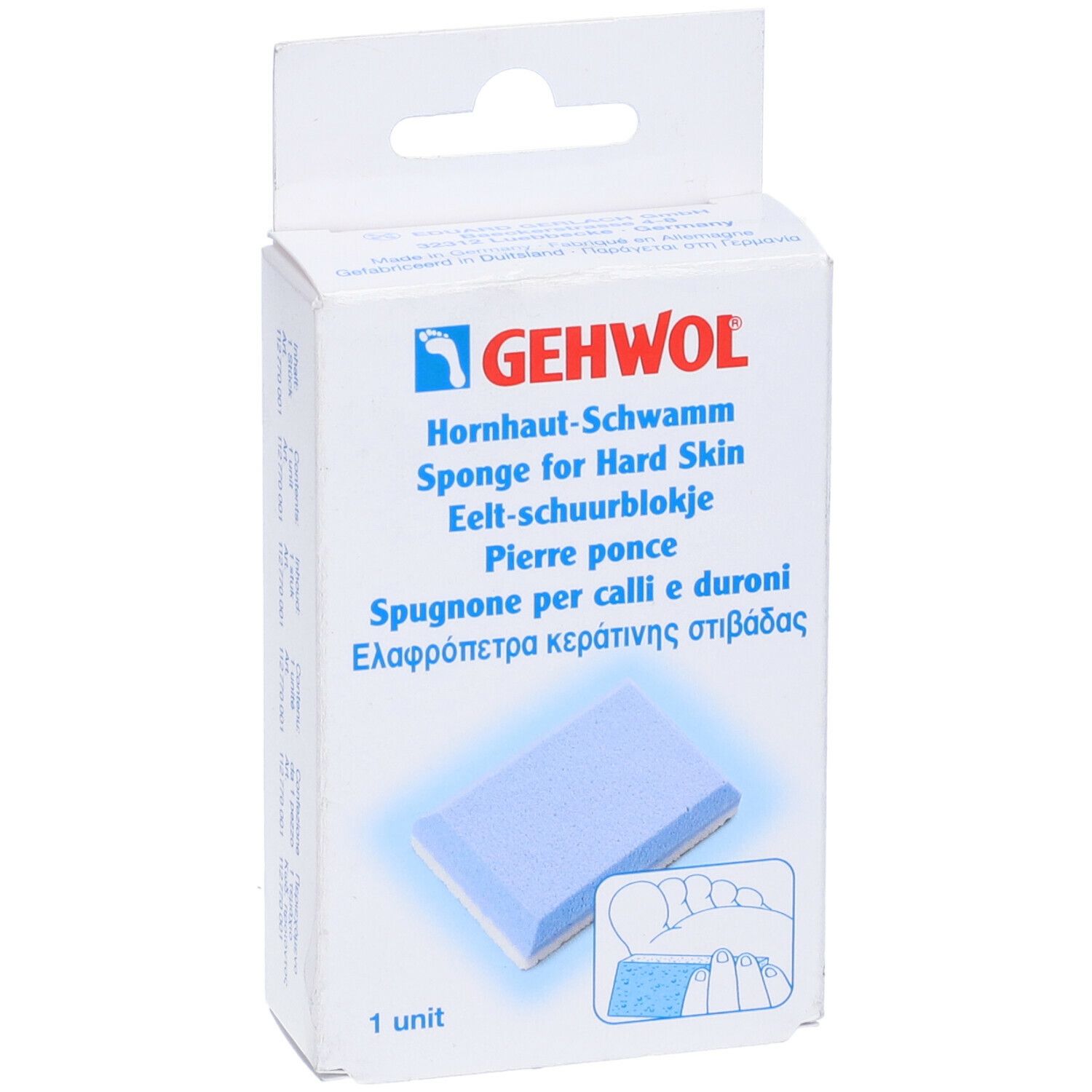 GEHWOL eelt-spons in verpakking. Blauwe spons, witte rand, voet-illustratie. Productnaam en logo.