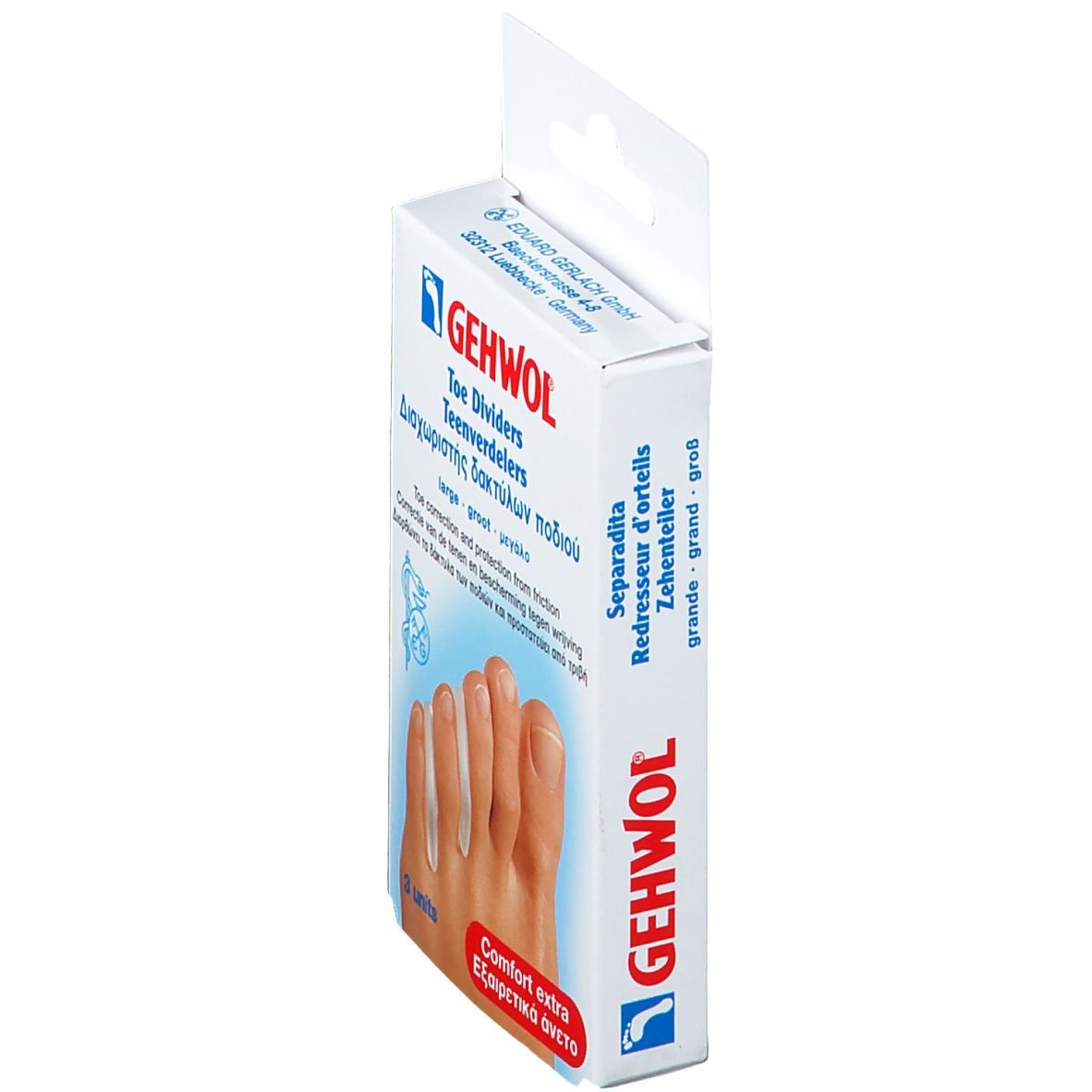 Zijaanzicht van de Gehwol teenspreider verpakking. Toont de verpakking met productnaam en een voet met spreiders.