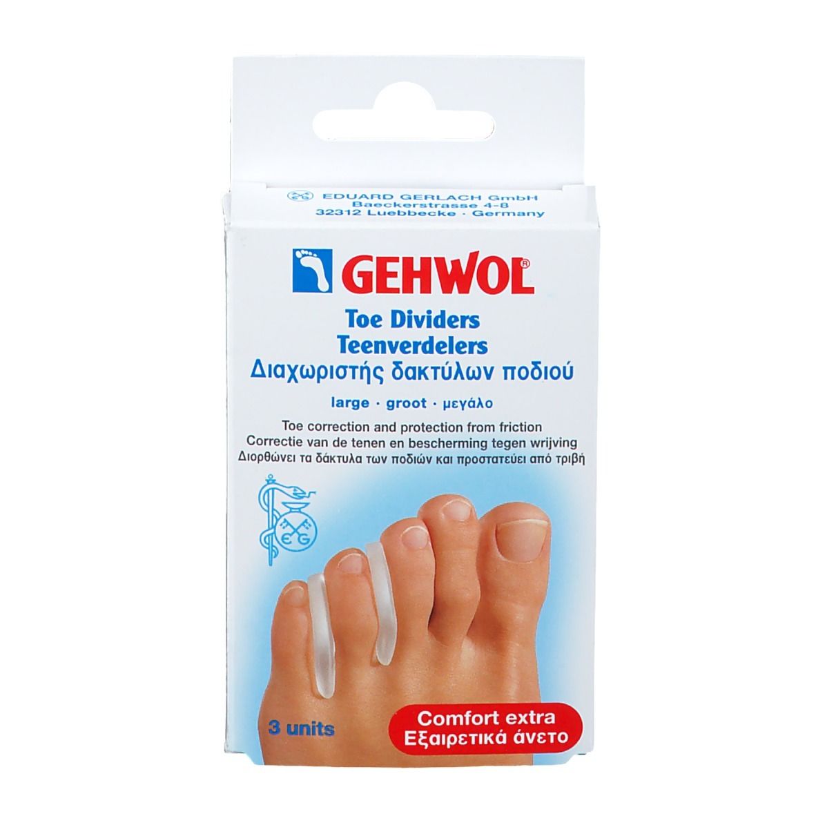 Gehwol teenspreider verpakking. Toont een voet met ingezette spreiders. Opschrift: Comfort extra.
