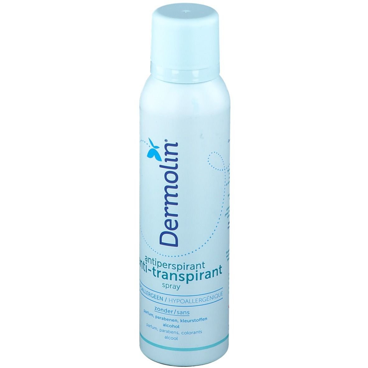 Flacon spray bleu clair. Inscription: Dermolin, anti-transpirant spray, hypoallergénique. Sans parfum, parabènes, alcool.