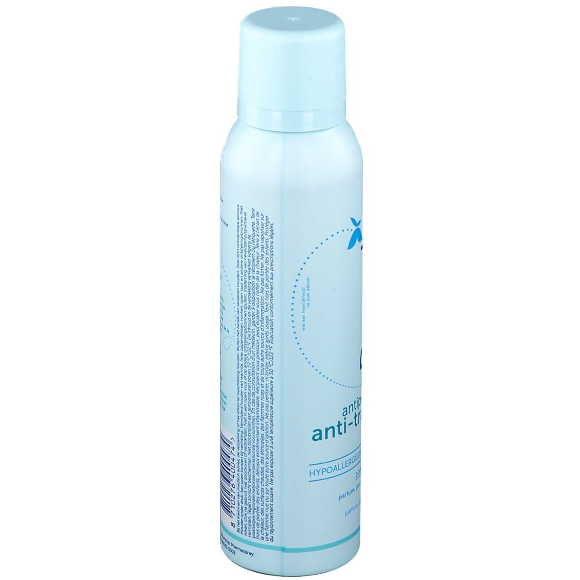 Dos d'un flacon spray bleu clair. Texte: informations sur le produit, ingrédients, avertissements.
