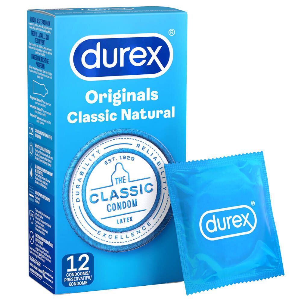 Boîte bleue Durex Originals Classic Natural et un préservatif individuel. 12 unités.