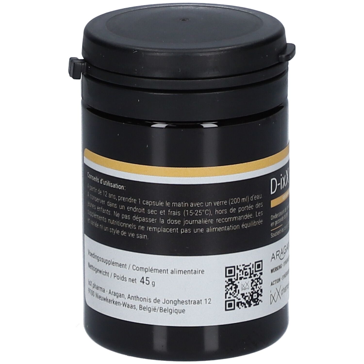 Zwarte pot met gele band. Opschrift: D-ixX 1000. Tekst en QR-code.
