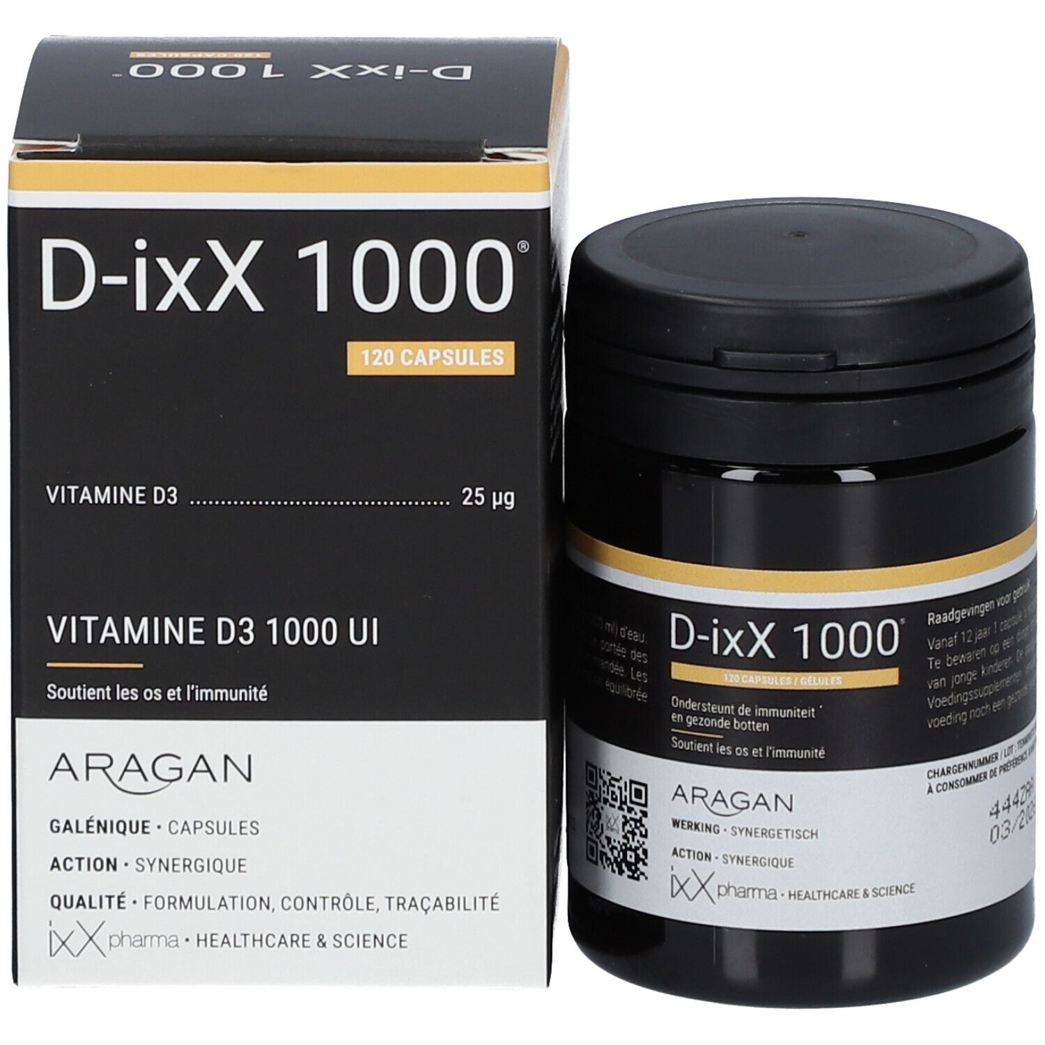 Productverpakking: doos en pot. Opschrift: D-ixX 1000. 120 capsules.