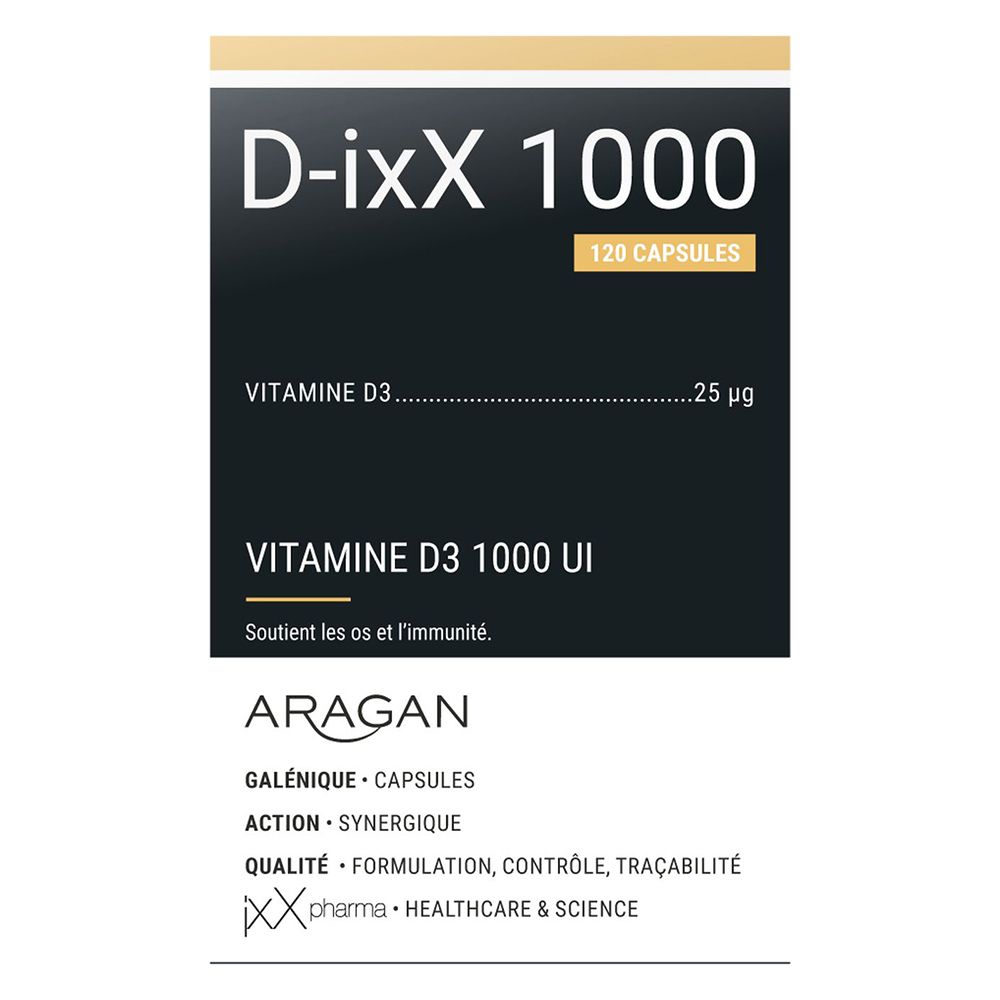 Emballage produit: boîte. Inscription: D-ixX 1000. 120 gélules.