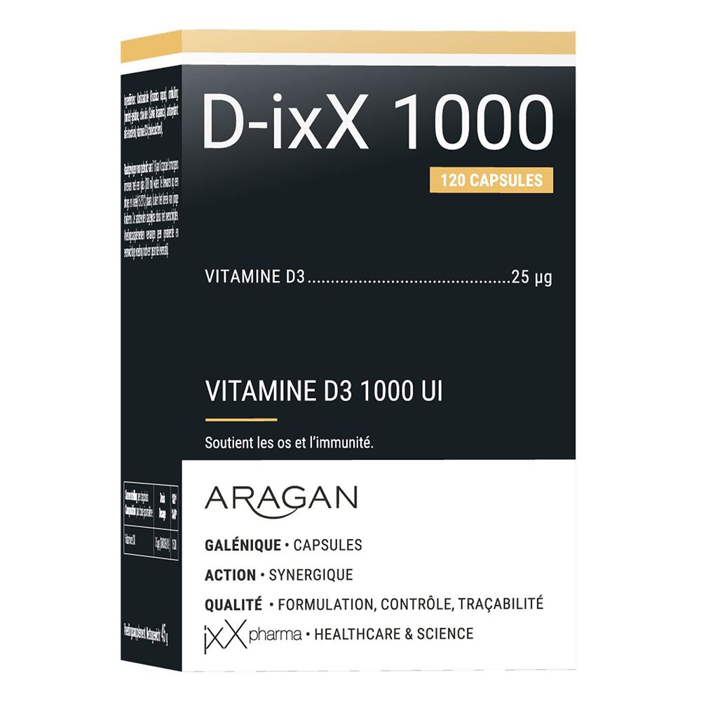 Emballage produit: boîte. Inscription: D-ixX 1000. 120 gélules.