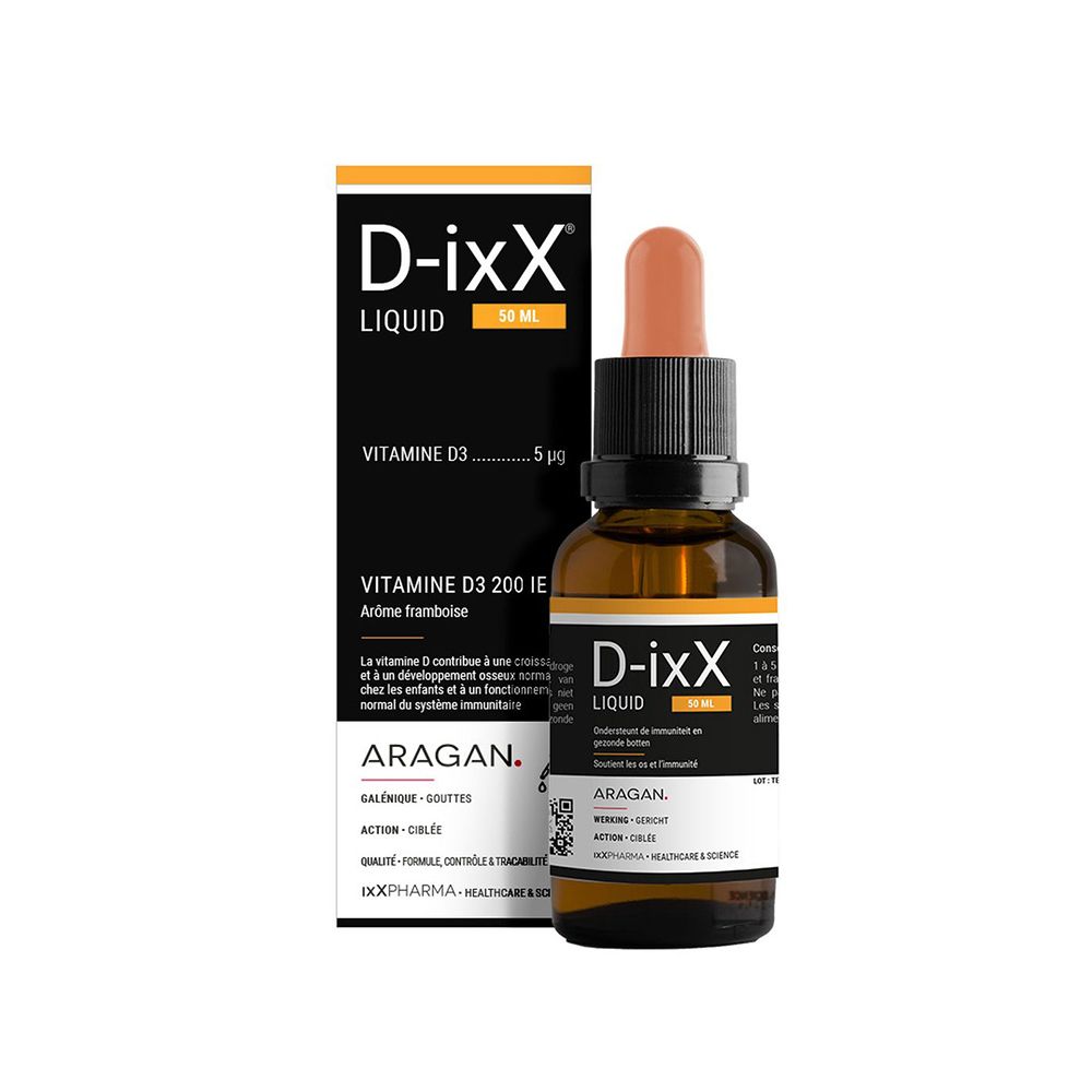 Emballage du produit avec flacon et boîte. D-ixX Liquid, vitamine D3. Boîte noire avec texte.