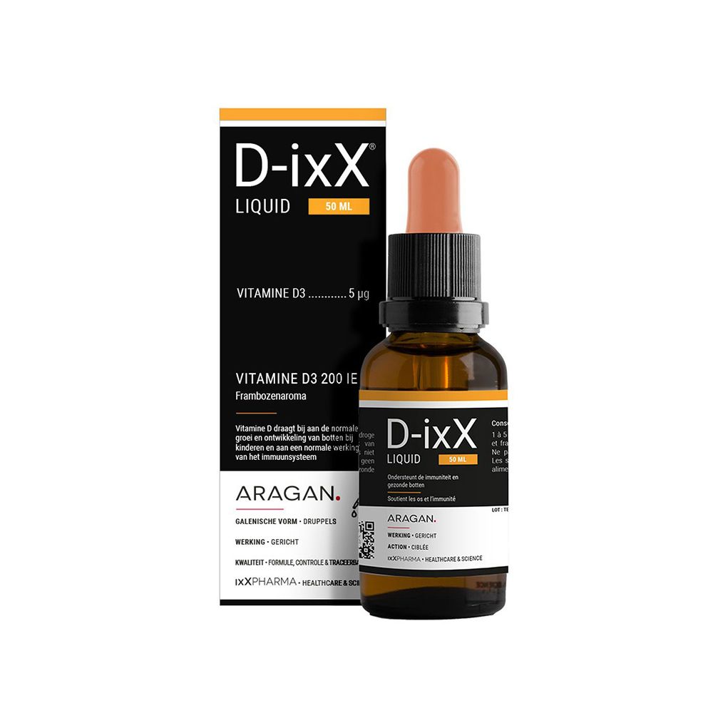 Productverpakking met fles en doos. D-ixX Liquid, vitamine D3. Zwarte doos met tekst.