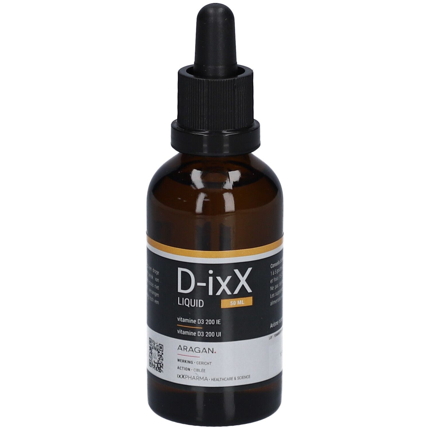 Bruine glazen fles met zwarte dop en pipet. Etiket met D-ixX Liquid, vitamine D3.