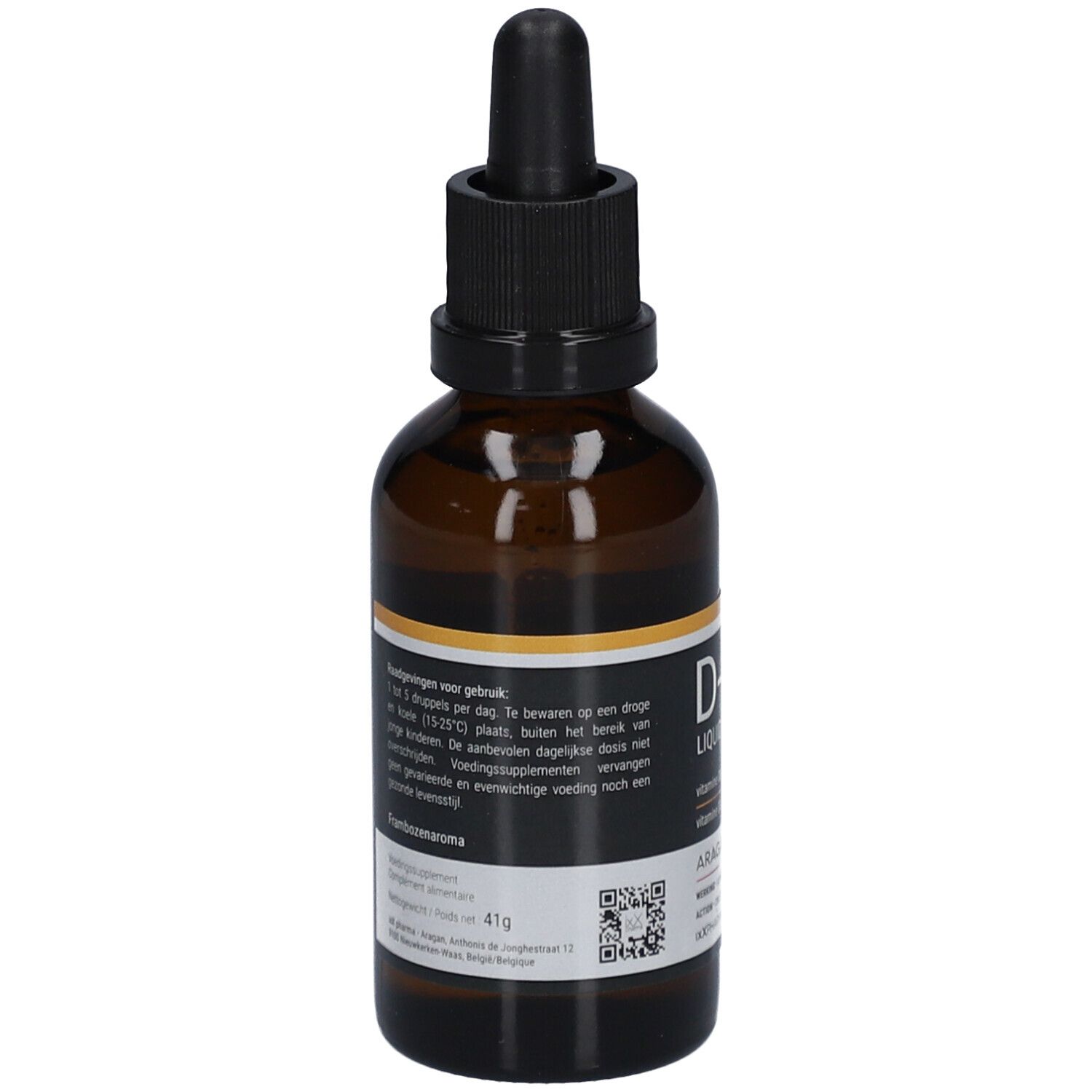 Achterkant bruine glazen fles met etiket. Tekst in het Nederlands. D-ixX Liquid, vitamine D3.