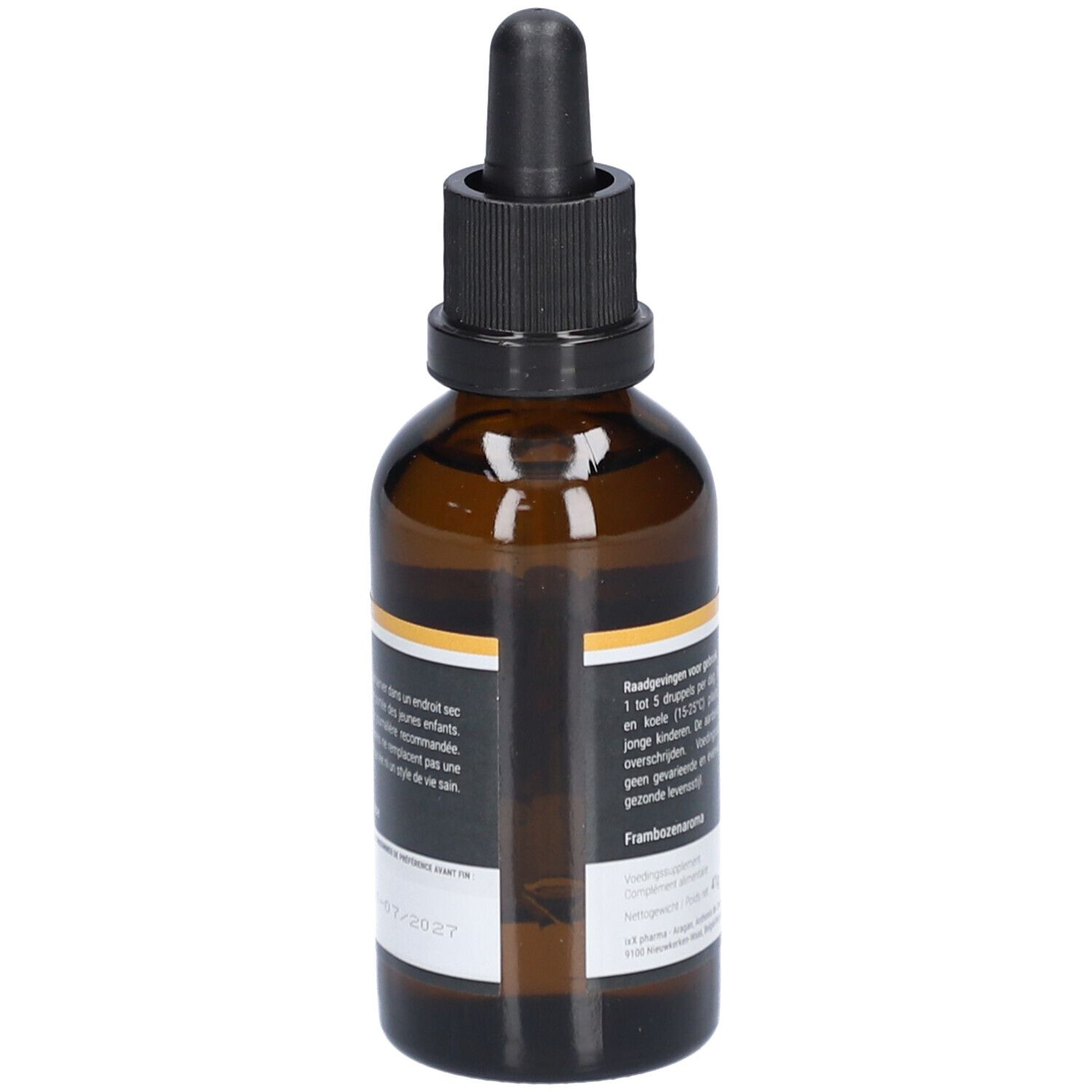 Achterkant bruine glazen fles met etiket. Tekst in het Frans. D-ixX Liquid, vitamine D3.