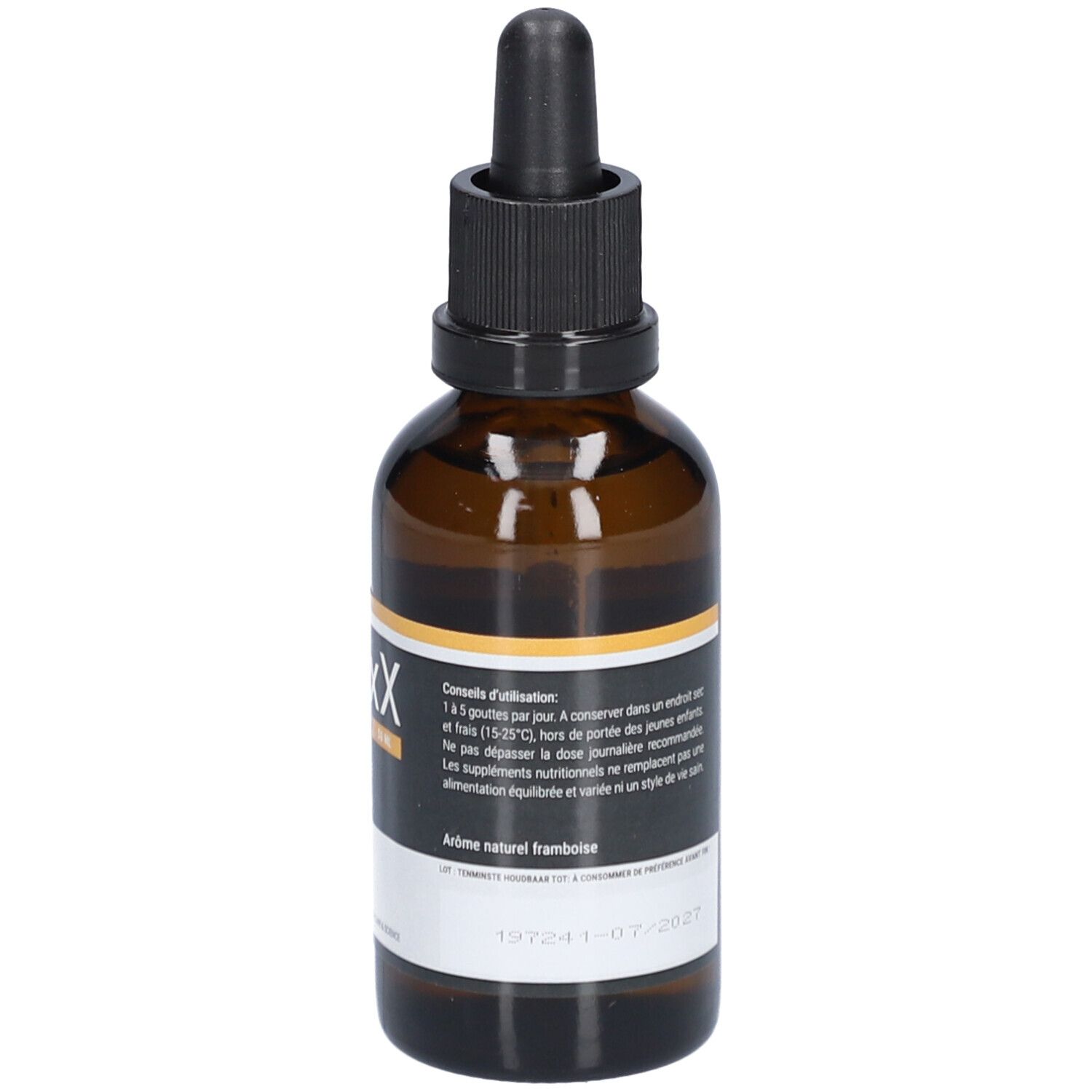 Voorkant bruine glazen fles met etiket. Tekst in het Frans. D-ixX Liquid, vitamine D3.
