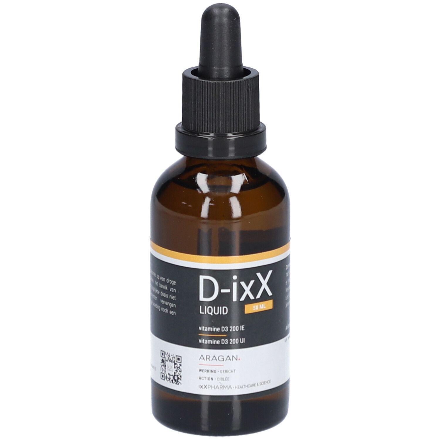Bruine glazen fles met zwarte dop en pipet. Etiket met D-ixX Liquid, vitamine D3.
