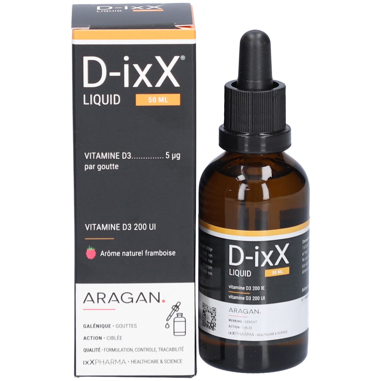 Productverpakking met fles en doos. D-ixX Liquid, vitamine D3. Zwarte doos met tekst.