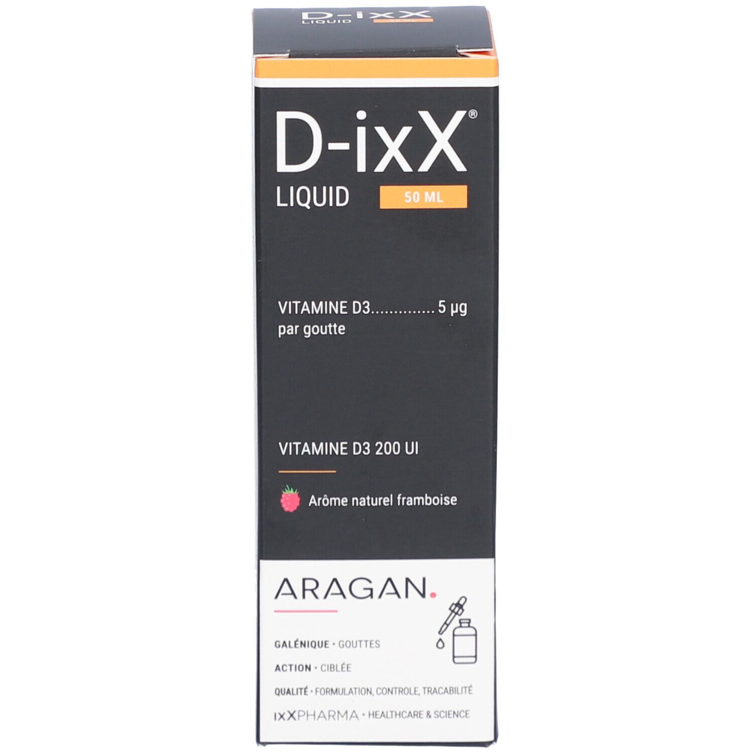 Zwarte productverpakking met tekst. D-ixX Liquid, vitamine D3. Fles met pipet.