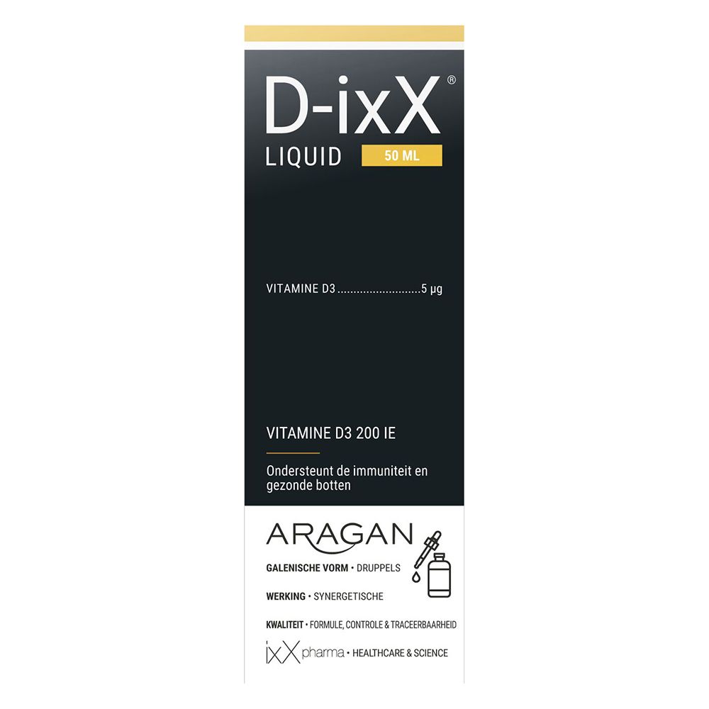 Emballage du produit avec flacon et boîte. D-ixX Liquid, vitamine D3. Boîte noire avec texte.