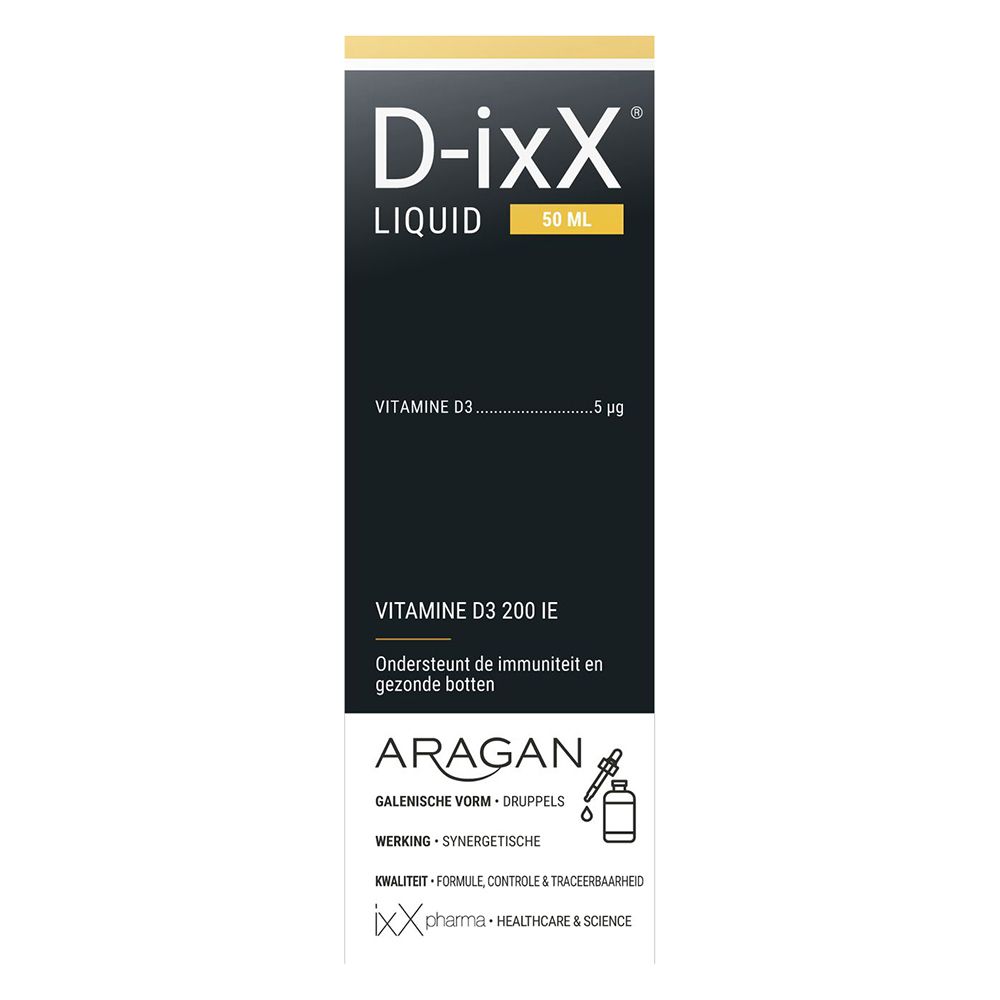 Productverpakking met fles en doos. D-ixX Liquid, vitamine D3. Zwarte doos met tekst.
