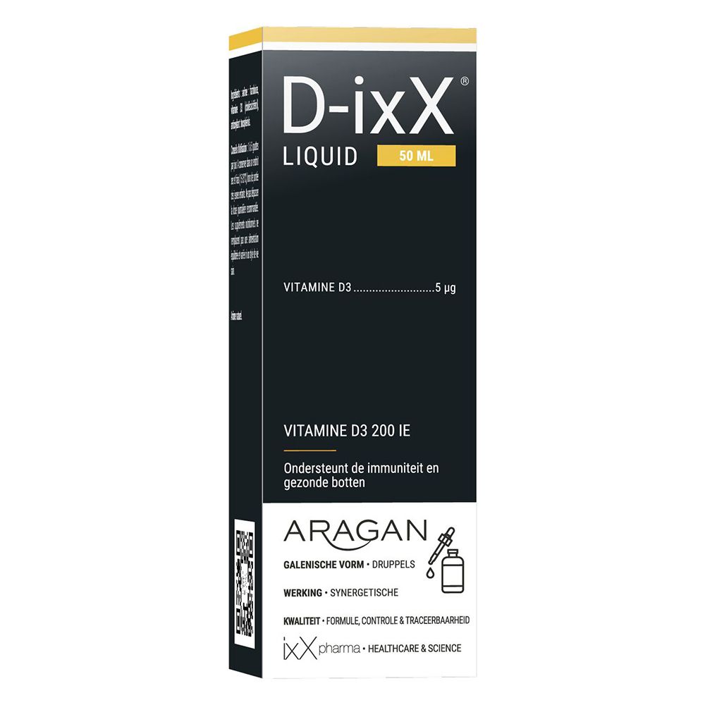 Productverpakking met fles en doos. D-ixX Liquid, vitamine D3. Zwarte doos met tekst.