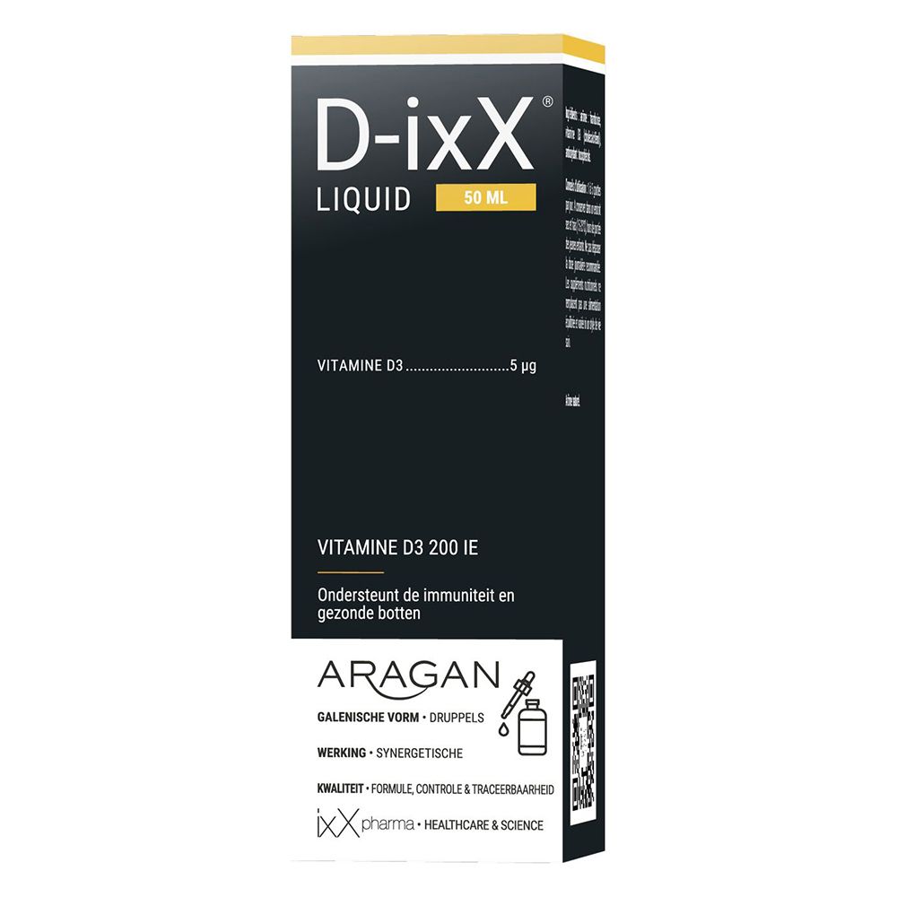 Emballage du produit avec flacon et boîte. D-ixX Liquid, vitamine D3. Boîte noire avec texte.