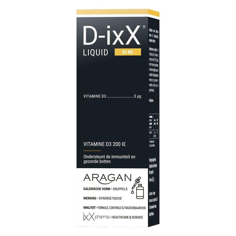 Productverpakking met fles en doos. D-ixX Liquid, vitamine D3. Zwarte doos met tekst.
