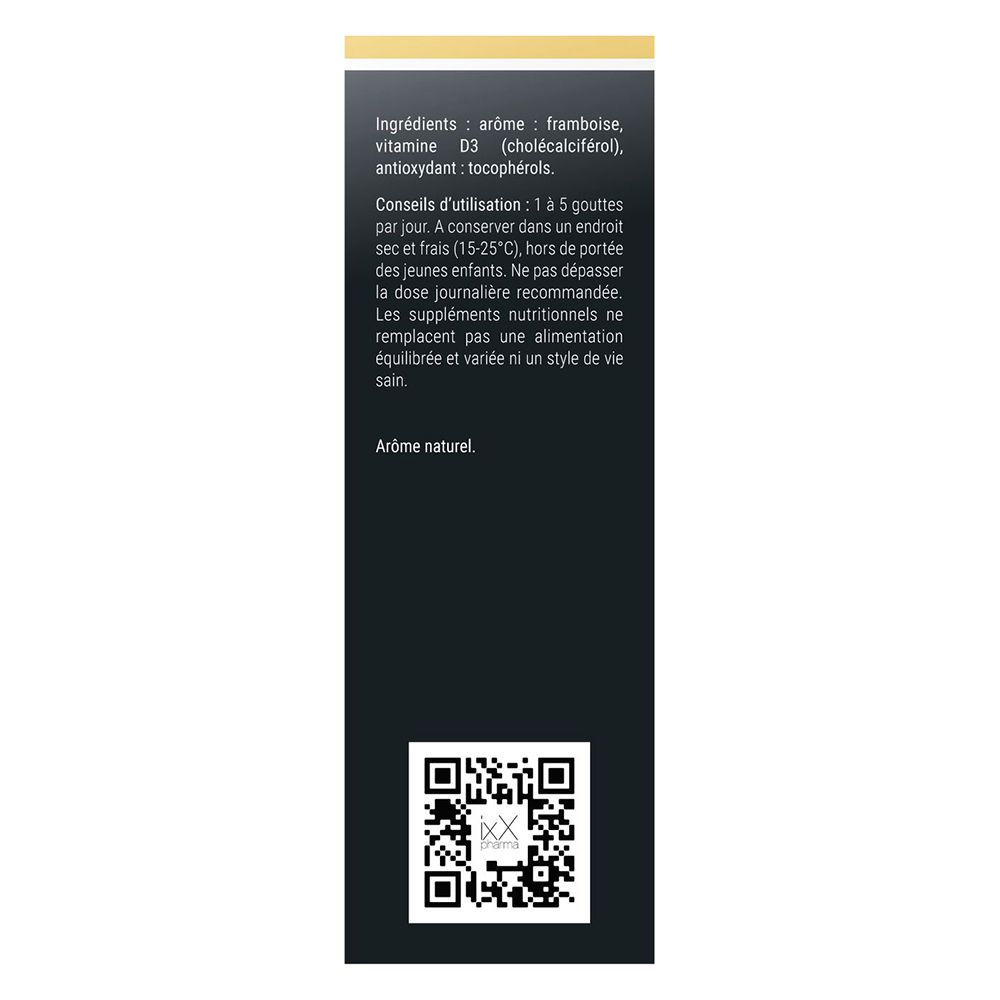 Emballage du produit avec flacon et boîte. D-ixX Liquid, vitamine D3. Boîte noire avec texte.