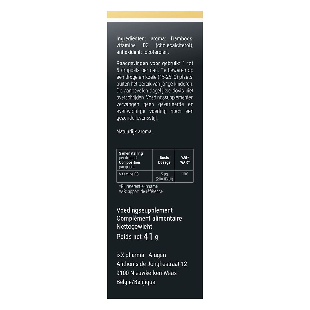 Productverpakking met fles en doos. D-ixX Liquid, vitamine D3. Zwarte doos met tekst.